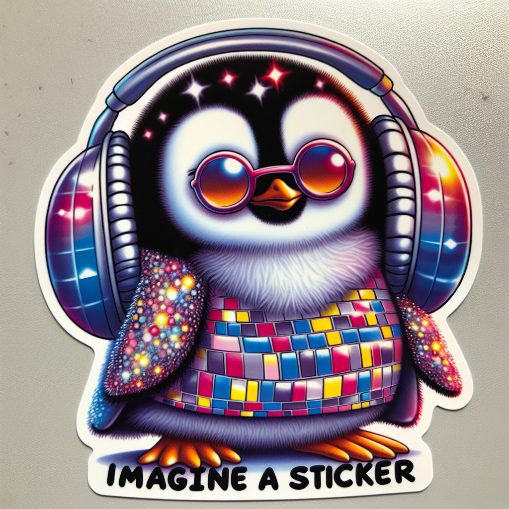 sticker-A penguin in a disco outfit, dancing with headphones-cute stickers-1733095597911